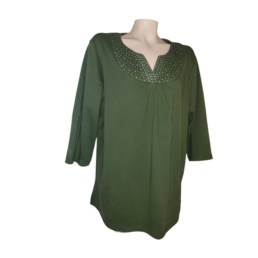 Quacker Factory Olive Green Rhinestone Embellished 3/4 Sleeve Top 1X grandmacore